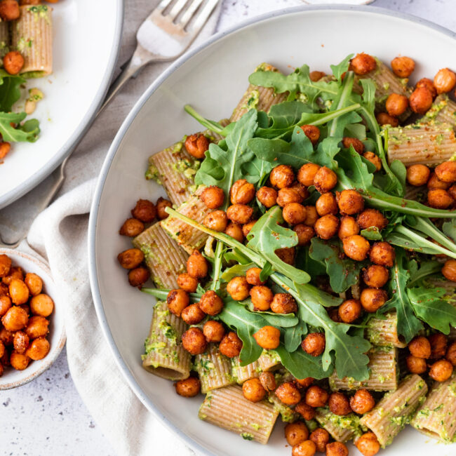 Pesto pasta with spiced chickpeas